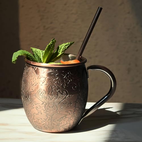 Sky Fish 3D Etched Moscow Mule Copper Plated Mugs Set of 2 Stainless Steel Mugs 18 oz Premium Gift Set with 2 Cocktail Copper Straws, Jigger