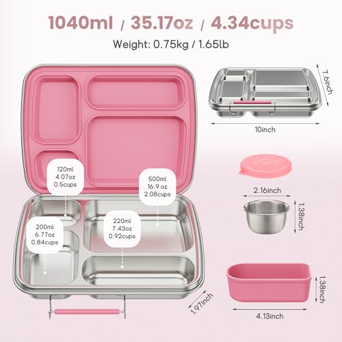Stainless Steel Bento Box for Kids, Kids Lunch Box with 4-Compartment, Metal Lunch Box with Silicone Container & Sauce Cup, Durable Lunch Box Containers for School and Office (Pink) Pink