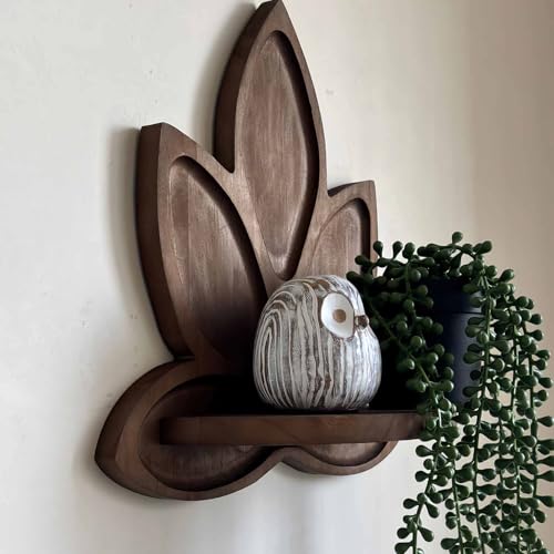 Small Carved Lotus Flower Decorative Wooden Floating Wall Shelf, Boho Zen Spiritual Home Decor for Yoga & Meditation Space Walnut