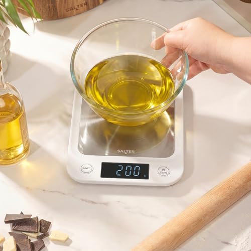 Salter 1105 SSWHDR Stainless Steel Electronic Scale - 5 KG Capacity, Large Platform Digital, Slim Design, Easy to Clean, Backlit Display, Tare Function, Accurate Readings, Batteries Included, White White Stainless Steel Kitchen Scale Single
