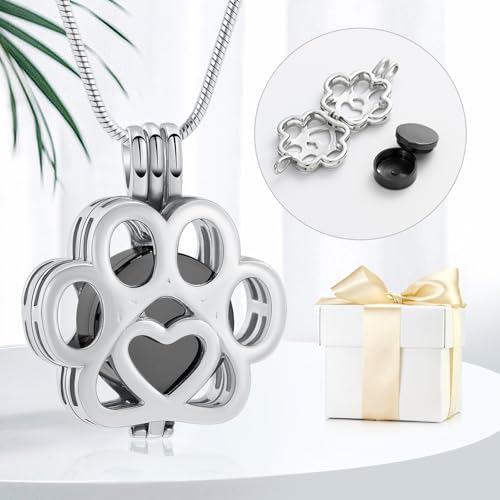 Pet Cremation Jewelry For Ashes For Dog/Cat Paw Stainless Steel Memorial Locket Urn Necklace Inside Mini Case Keepsake Cremation Jewelry Women Men Silver-Black