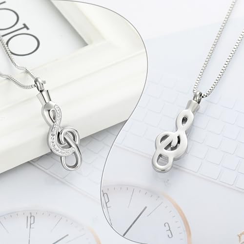 XSMZB Cremation Jewelry Crystal Music Note Urn Necklace for Ashes Stainless Steel Necklace Urn Cremation Memorial Ashes Holder Keepsake Pendant Locket Silver