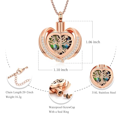 Tree of Life Cremation Jewellery Urn Necklaces for Ashes Heart Shape Lovers Keepsake Memorial Urn Stainless Steel Ash Pendant Cremation Jewellery Rose Gold