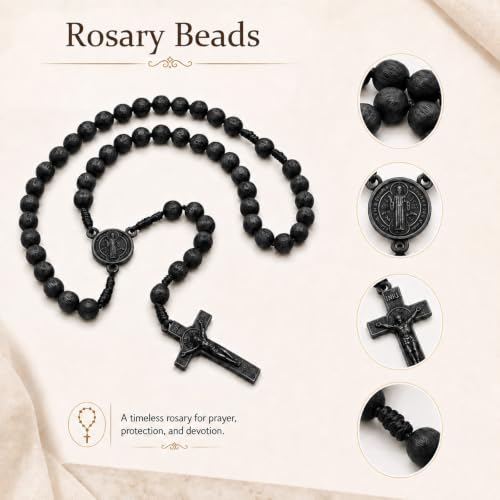 Catholic Rosary Beads Necklace, Natural Wooden Rosary with Medal Cross Jesus Christ Saint Benedict for Prayer Baptism Black