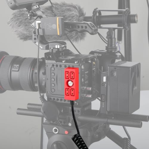 Alvin's Cables Dtap Splitter Cable Dtap Male to 4 Port D Tap Female Splitter Hub Power Coiled Cable for ARRI RED Teradek SmallHD SmallRig V-Mount|Gold-Mount Battery, Red Red Coiled Cable with Screw
