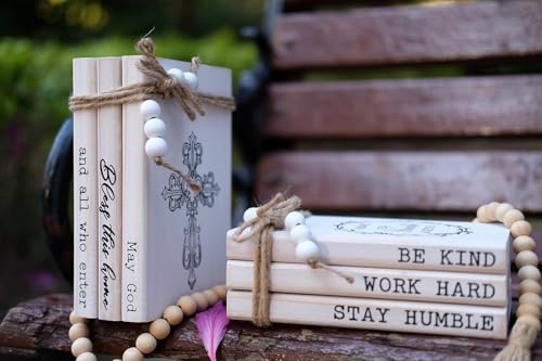 LIVDUCOT Rustic Decorative Coffee Table Books for Home, Wood Book Stack Decor Set of 3, Farmhouse Mantel Decor, Christian Gifts (May God Bless This Home And All Who Enter)