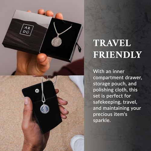 ARDU Jewellery - Saint Christopher Gift Set | Sterling Silver Double-sided Pendant with 24 Inch Chain Necklace, Stainless Steel Prayer Card, Car Visor Clip & Travel Pouch | Protection for Travels