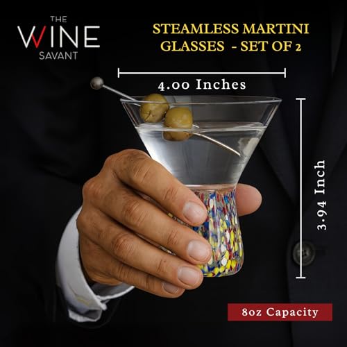 Large Stemless Martini Glasses – Set of 2-8oz Luxury Hand Blown Confetti Margarita, Martinis, Cocktails, Water, Wine, Dessert & Champagne Glasses Cinco de Mayo, Hand Blown - Mexican Confetti Glass Mexican Confetti Martini Glass