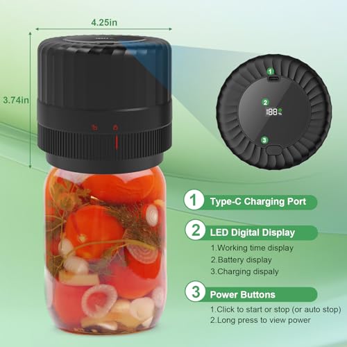 Electric-Mason-Jar-Vacuum-Sealer, Wide Mouth and Regular Mouth Mason Jars with LED Indicator for Food Storage and Fermentation, Black, VP06+