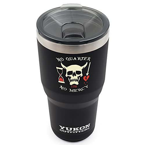 Yukon Outfitters Freedom High Grade 18/8 Stainless Steel Double Wall Vacuum Insulated Tumbler (30oz / 890ml) - 7.85" H x 3.9" Top Dia. / 2.9" Bottom dia., Black with 'No Quarter' Pirate print 30 Ounces
