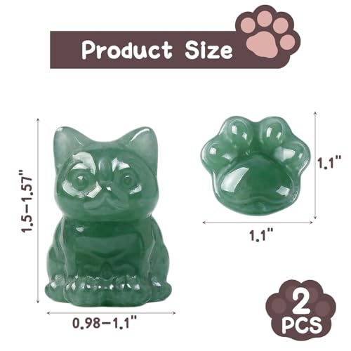 2 Pack Natural Crystal Cat & Paw Statue, Green Aventurine Healing Stones, Office Desk Decor Crystal Gifts Aventurine — Wealth