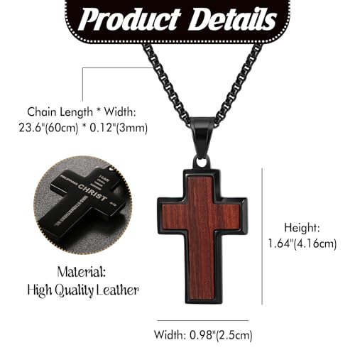 Flongo Cross Necklace for Men – Black Wood and Stainless Steel Christian Necklace Engraved with Bible Verse Philippians 4:13 “I can do all things through Christ”, Philippians Cross Pendant Black