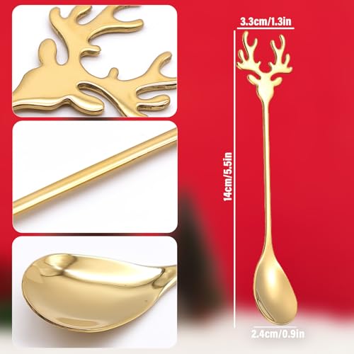 6 PCS Gold Christmas Elk Deer Head Shape Stainless Steel Dessert Spoons (Pack of 2) 6 inch (Pack of 2)