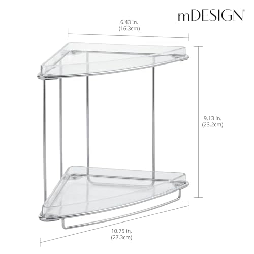 mDesign Steel/Plastic Freestanding Countertop Corner Shelf Organizer with 2-Tier Storage for Bathroom, Vanity, Cabinet, Counter - Holds Makeup, Bath Gel - Prism Collection - Clear Pack of 1