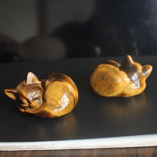Hand Carved Gemstone Crystal Sleeping cat Figurine Animal Statue Carving Office Office Home Decor 2'' (Gold Tiger Eye) Gold Tiger Eye