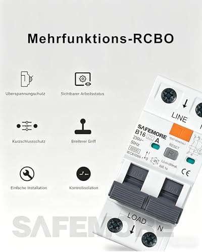 RCBO FI/LS Switch Type A B16 30mA 6kA 1P+N DIN Rail | Reliable protection against residual current, overload, and short circuit for safe electrical circuits in homes and businesses. Curve B 16 A