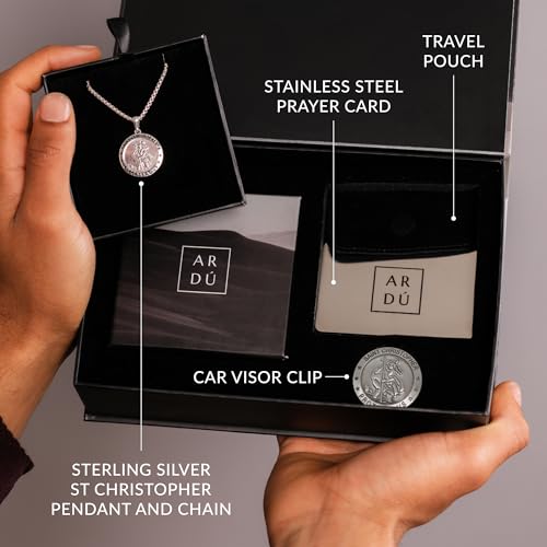 ARDU Jewellery - Saint Christopher Gift Set | Sterling Silver Double-sided Pendant with 24 Inch Chain Necklace, Stainless Steel Prayer Card, Car Visor Clip & Travel Pouch | Protection for Travels