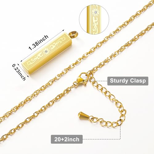 XIUDA Urn Necklace for Ashes with Crystal Bar Stainless Steel Cremation Jewelry for Ashes Memorial Urn Pendant for Women Men Gold