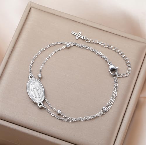 Virgin Mary Cross Bracelet for Women Virgen de Guadalupe Our Lady of Guadalupe Mother Mary Bracelet Miraculous Medal Christian Amulet Catholic Faith Jewelry Baptism Gift silver 5