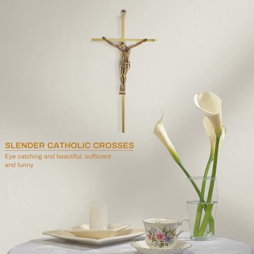 Leinuosen 2 Pcs Metal Wall Crosses Crucifix Catholic Home Decor, Shiny Gold