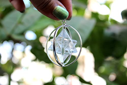 Jet Energized Clear Quartz Spinning Star Merkaba Pendant for Meditation - Energetic Tetrahedron, Healing, Spiritual Growth Approx. Size 1 Inch