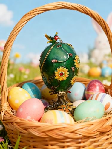 Easter Gifts for Kids Girls Hummingbird on Faberge Egg Trinket Box, Jewelry Box Hand Painted Decorative Box with Hinged Lid, Ring Earring Holder Bird Figurine Collectible Hummingbird on Faberge Eg