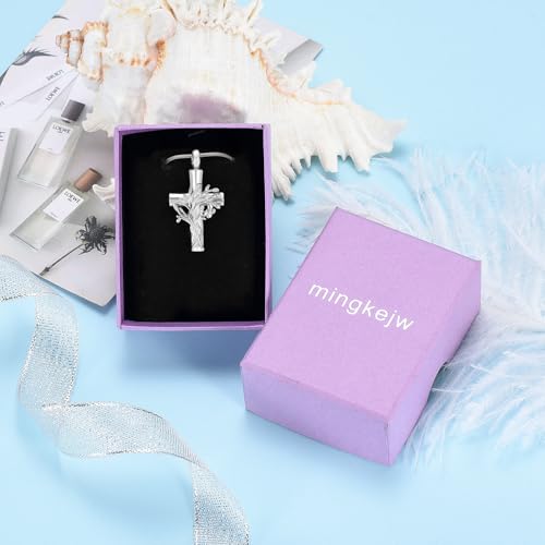 Cross Urn Necklace with Tree of Life Design Stainless Steel Cremation Jewelry for Ashes for Men Women Memorial Keepsake Pendant for Loved Ones Silver