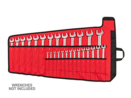TEKTON 27-tool combination wrench roll with 6–32 mm metric wrenches in a compact tool pouch