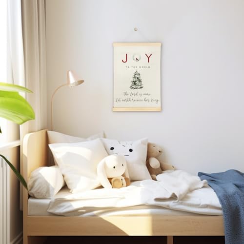 SereneHanctuary Joy Christmas Tree Wall Art, Christian Christmas Wall Decor, Winter Red Cardinal Bible Verse Religious Xmas Poster Hanger Frame for Church Home Bedroom Living Room Decor, 12x16 Inches Joy to the World Christmas