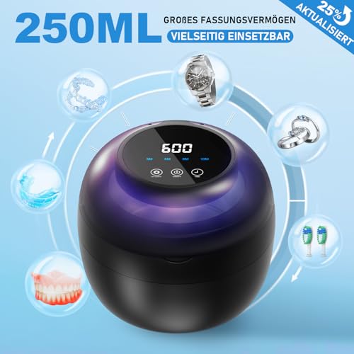 Ultrasonic Cleaner Dental Pod with 50 kHz, 250 ml Cleaning Device with 6 UV Disinfectant Lamps for Braces, Splints, Retainers, Dentures, Prostheses, Aligners & Jewellery