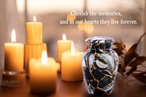 Small Keepsake Cremation Urns for Human Ashes - Marble Finish Metal Keepsake Urn - Mini Cremation Urn for Pet Ashes - Handcrafted Memorial Urn - Funeral Urns with Velvet Bag (Luxury Black) Luxury Black