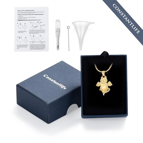 constantlife Cat Urn Necklace for Ashes Pet Ashes Pendant Cremation Jewelry Keepsake for Animal Ashes Small Locket Grieve Memorial Gift for Pet Loss Gift for Women Men Golden
