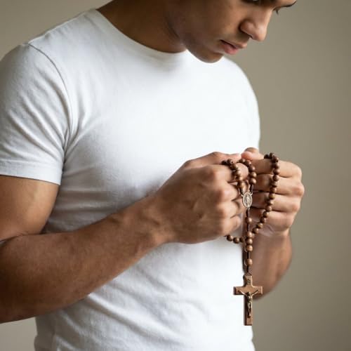 Alexander Castle Our Father Solid Wooden Rosary Beads Catholic (Handmade - Brazilian Walnut) with Madonna Medallion Junction - Comes in Velour Gift Pouch