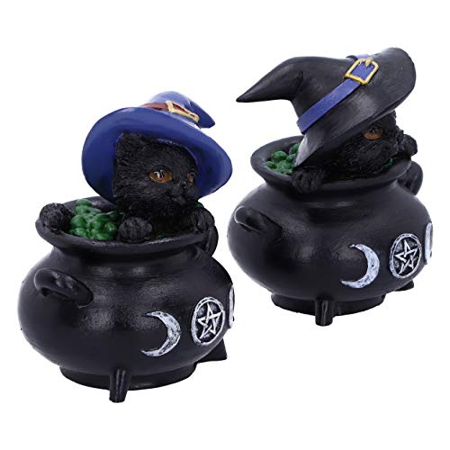 Nemesis Now Hubble and Bubble Witches Familiar Black Cat and Cauldron Figurines, 8cm