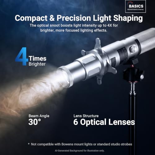 NEEWER Basics Spotlight Conical Optical Snoot Only for FL10/FL20/FL10P Photography Flashlight, 4X Brighter Projector Attachment with Adjustable Focus, 30° Beam Angle, 20 Metal Gobos, LS01