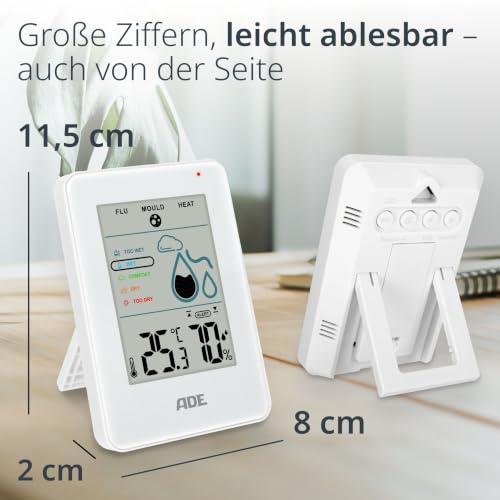 ADE Digital Hygrometer Indoor with Mould Alarm | Moisture Meter with Thermometer | Large LCD Display | White