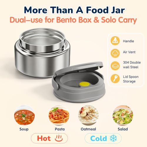 Bento Box for Kids,Leak-Proof Lunch Container with 9oz Insulated Food Jar Black Gray