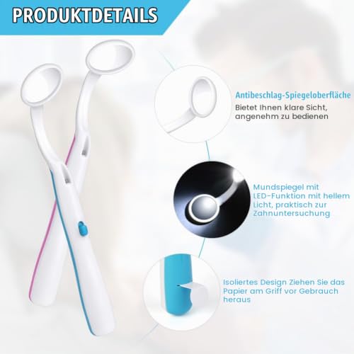 ACWOO Mouth Mirror with LED Light, Pack of 2 Oral Dental Mirror, Dental Mirror with Anti-Fog Coating, Mouth Tooth Inspection Mirror, Dental Care Mirror for Dental Care (Blue + Pink) Blue + Pink