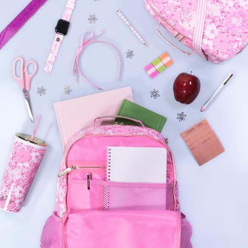 Lilly Pulitzer insulated lunch bag in Conch Shell Pink with Burst of Joy pattern, featuring a compact, stylish design for lunch storage.
