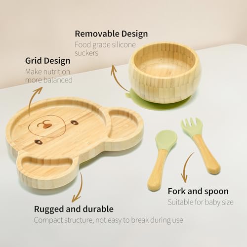 Bamboo Suction Plates Bowls Setfor Baby Toddler Divided Platter Food bowl with Silicone Fork & Spoon All-Natural Baby Feeding Set, Kids Feeding Essentials Bear