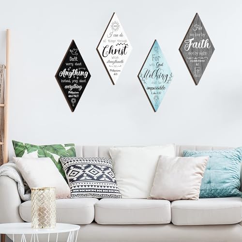 Christian Inspirational Rustic Wall Decor - 4 Pcs Bible Verses Motivational Art Inspiring Wooden Hanging Plaque Quotes Signs for Office Living Room Bedroom