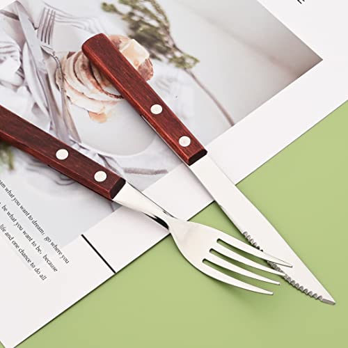 Wooden Handle Flatware Set, Knives Forks Spoons Set for 6, 24-Piece 304 Stainless Steel Kitchen Utensils Set, Silverware Set with Wood handles, Red Wood with Rivet & Retro Style Cutlery 24-Piece Service for 6