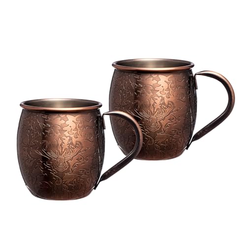 Sky Fish 3D Etched Moscow Mule Copper Plated Mugs Set of 2 Stainless Steel Mugs 18 oz Premium Gift Set with 2 Cocktail Copper Straws, Jigger