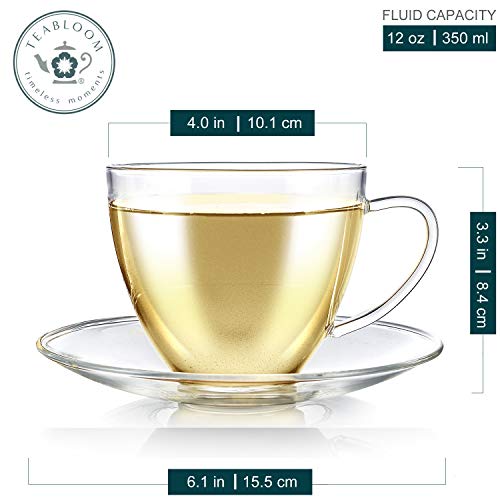 Teabloom Royal Teacup and Saucer Set 2-Pack – 12 OZ/ 350 ML Capacity – Glass Mug Set – Premium Borosilicate Glass – Durable and Heat Resistant 2 Count (Pack of 1)