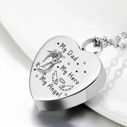 My Dad My Hero My Angel Cremation Urn Necklace Pendant Ashes Memorial Locket Keepsake in Stainless Steel For Daughters Friends Mothers Gift