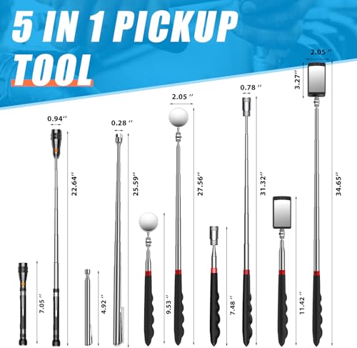 FFIPBGE 5-piece magnetic pickup tool set with pickup rods, magnetic flashlight, and adjustable inspection mirrors