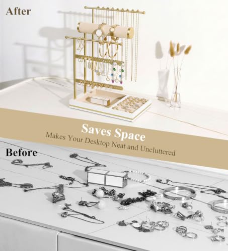 Emibele Necklace Holder Jewelry Organizer Stand, 5 Tier Jewelry Holder White & Gold