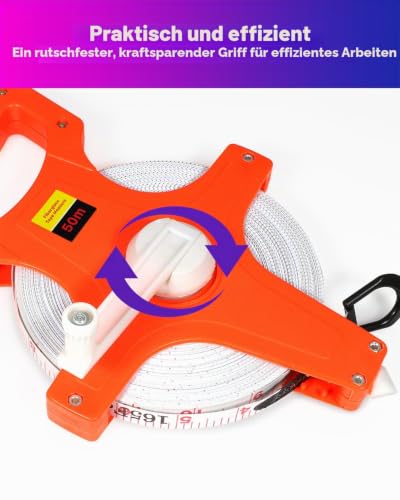 Tape Measure 50 m / 165 ft, Tape Measure 50 m with Fold-Out Crank, Inch/Metre Tape Measure, Fibreglass Tape Measure with Centre Tip, Roll Tape Measure with Folding Lever, Marked on Both Sides | Zoll/Meter Bandmaß, Rollmaßband Fiberglas mit Zentrierspit...