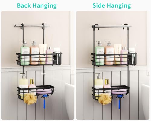 HapiRm Hanging Shower Caddy – For Renters & Small Bathrooms, Fits Shower Curtain Rods, No Drilling, 2 Rustproof 304 Shelves, 4 Hooks, and a Detachable Toothbrush Holder You Can Rinse - Black