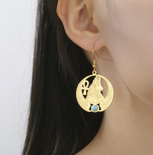 Egyptian Anubis Earrings Ankh Cross Goddess Isis Wing Scarab Wicca Pagan Gemstone Magic Power Amulet Ancient Egypt God Mythology Jewelry Gift Women Men gold